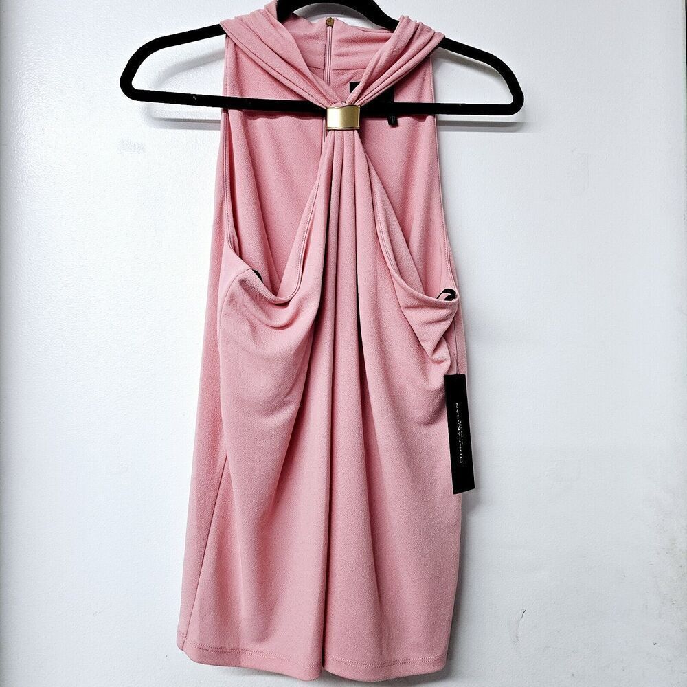 NWT DONNA KARAN Halter Neck Tourmaline Color Gold Hardware Accent Women Shirt XL